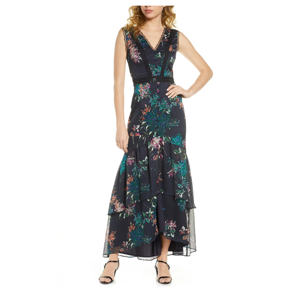 HARLYN Floral & Lace High/Low Maxi Dress XS NEW